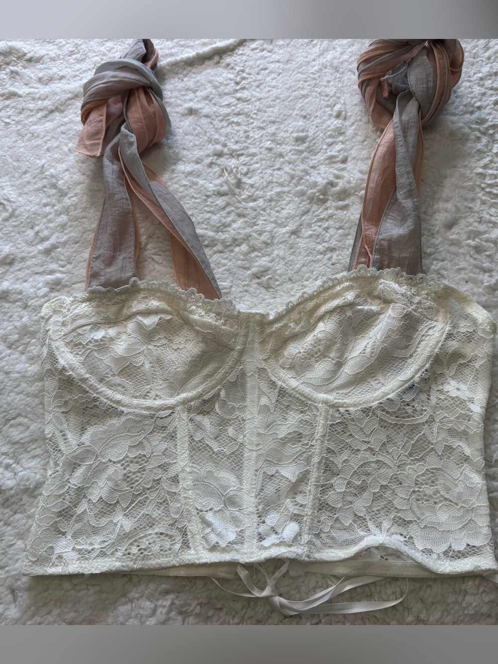 SHEIN Ivory Lace Longline Bustier with Pink and Taupe Tie Straps